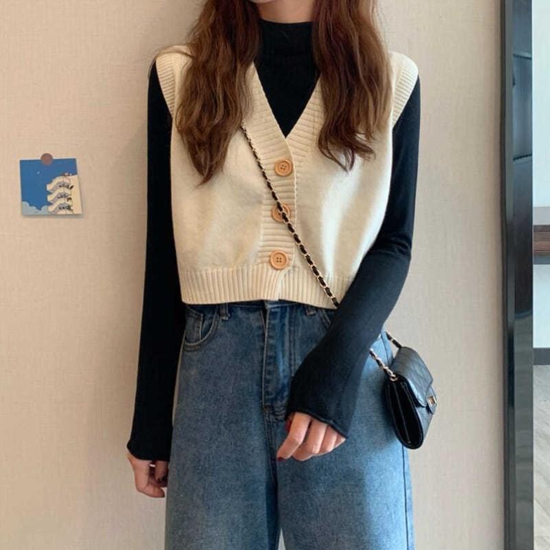 Sweater Knit Vest Women Solid Loose V-Neck Cardigan Short Sweater Elegant Sleeveless Single Breasted Lovely Female Basic Tops