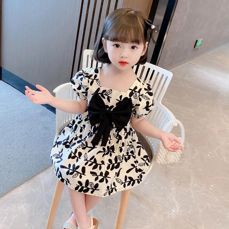 Girls Princess Dress Summer Thin Children's Bow Puff Sleeves Sweet Waist Dress Cute Two-Wear A-line Skirt