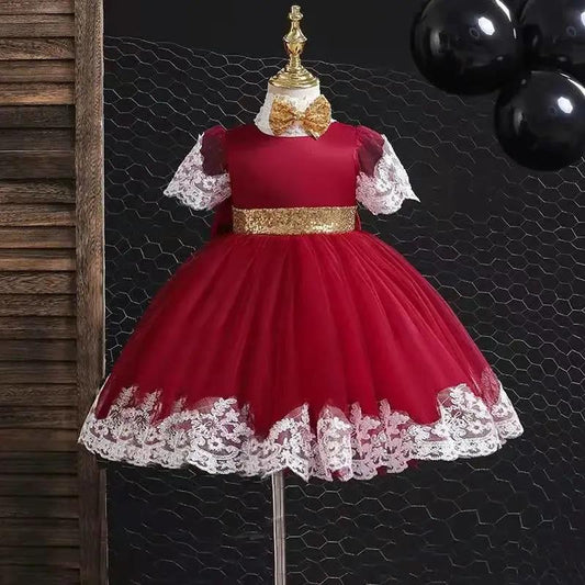 Temperament Girls Dress Skirt Lace Bow Dress Princess Skirt Round Neck Short Sleeve Lace Tutu Skirt Waist A-line Skirt Sweet Fairy Tale Skirt