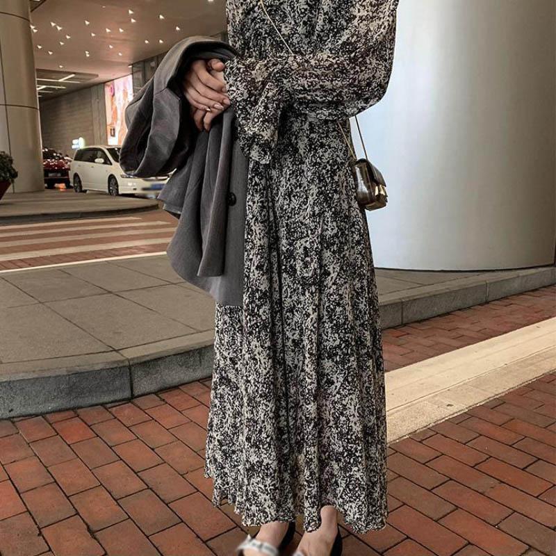 Floral Dress Black Over The Knee Long Sleeve Dress Women French Retro V-neck Summer Chiffon Skirt
