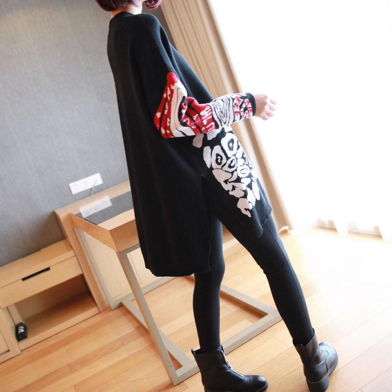 Vintage Printed Knitted Sweater Women Loose Bottoming Sweater Autumn and Winter Asymmetric Pullover Sweater