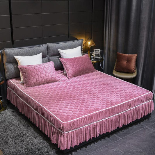 3pcs/set Crystal Velvet Bed Skirt Thick Non-slip Bedspread Flannel Simmons Protective Cover
