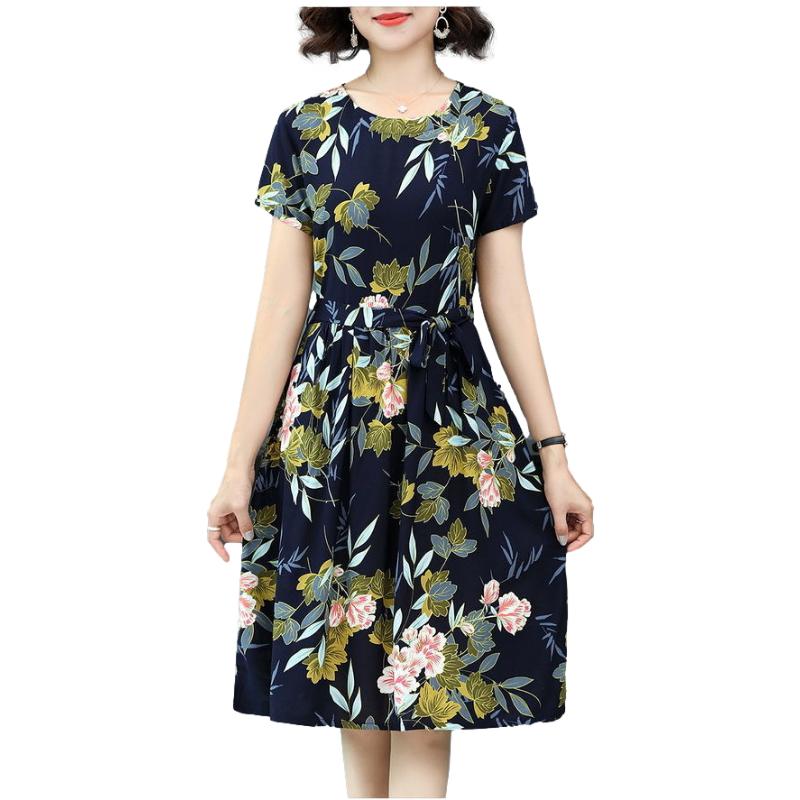 Spring Summer Women Floral Printing Dress Summer Short Sleeve Slim Shirt Big Hem Short Skirt
