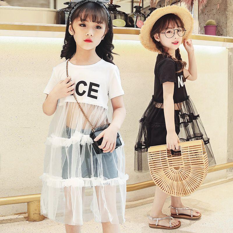 Summer Girls Tutu Dress Baby Dress Kids Dress Children Vestidos Toddler Dress Letter See Through Mesh Patch 2 To 7 Yrs