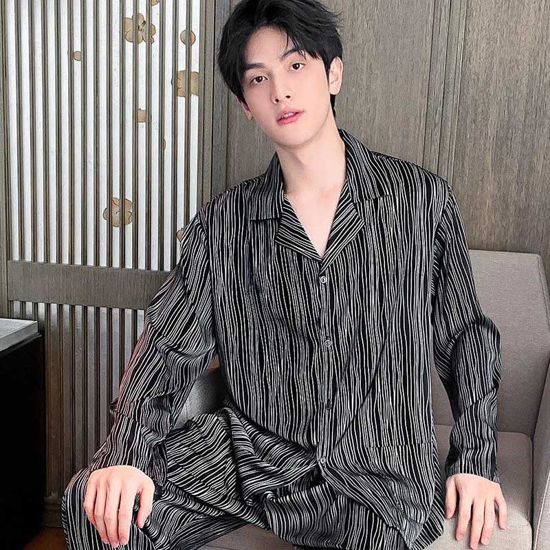Men's Pajamas Summer Cardigan Ice Silk Thin Section Spring and Autumn Long-sleeved Trousers Youth Plus Size Silk Homewear Suit