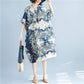 WTEMPO Plus Size Cotton and linen Flower Printing Women Dress Summer Short Sleeve Round Neck Long Dress Casual Mid-calf Length