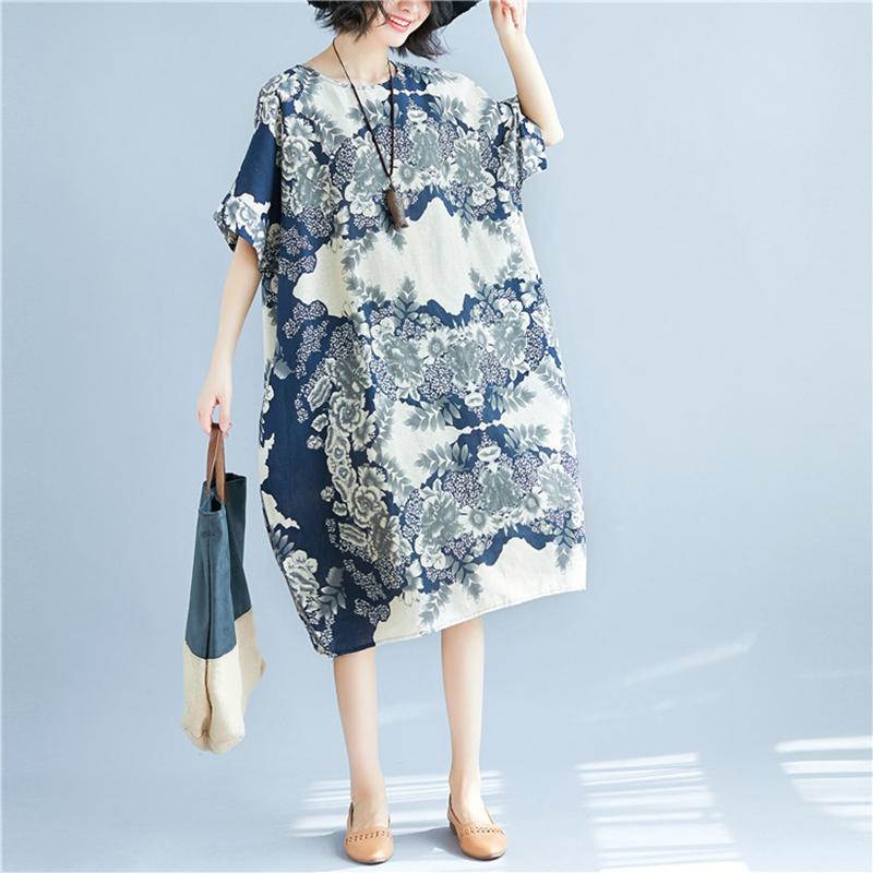 WTEMPO Plus Size Cotton and linen Flower Printing Women Dress Summer Short Sleeve Round Neck Long Dress Casual Mid-calf Length