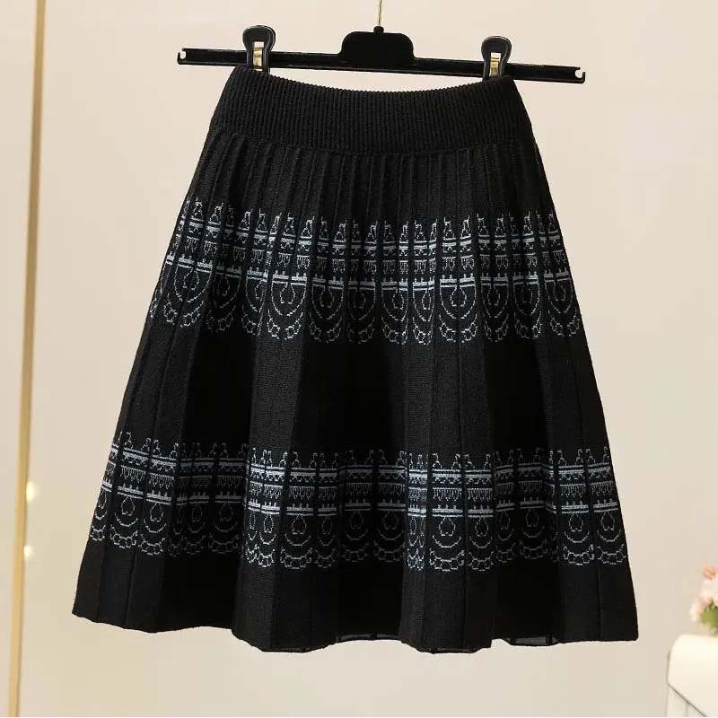Ladies Autumn and Winter Short Skirts Fashion Knitted Skirts High Waist A-line Skirt Retro Pleated Skirt Little Black Skirt Wool Umbrella Skirt