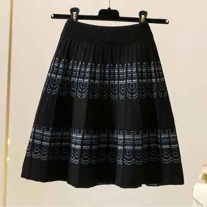 Ladies Autumn and Winter Short Skirts Fashion Knitted Skirts High Waist A-line Skirt Retro Pleated Skirt Little Black Skirt Wool Umbrella Skirt