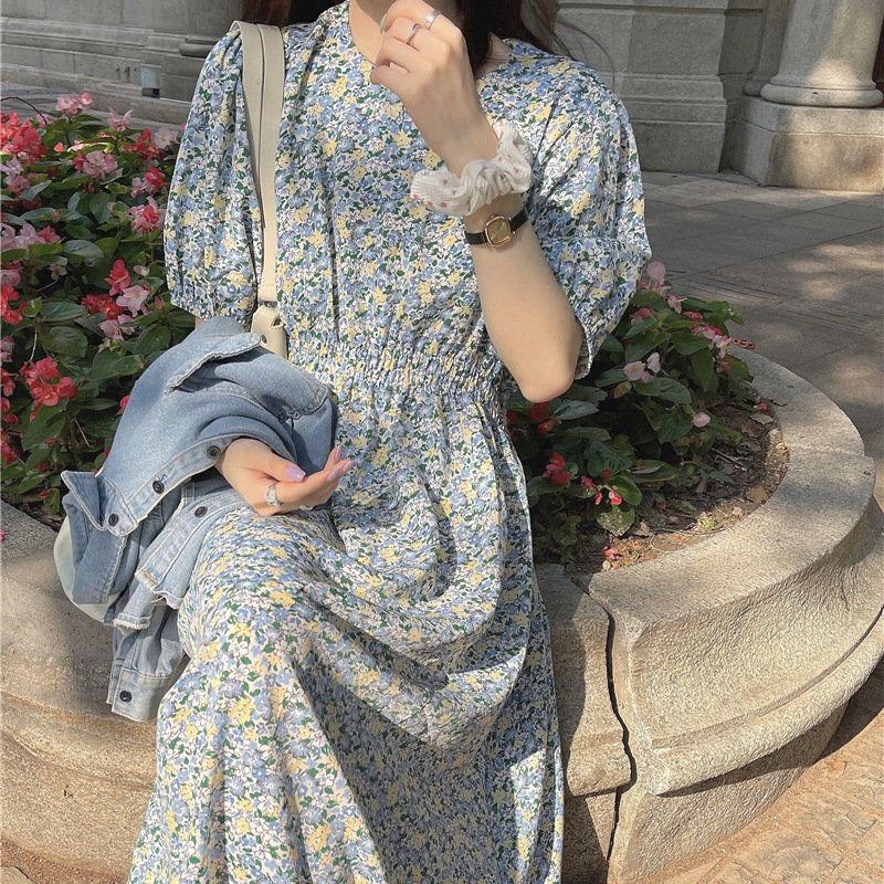 Women's Summer Long Dress Round Neck Puff Sleeve Floral Dress