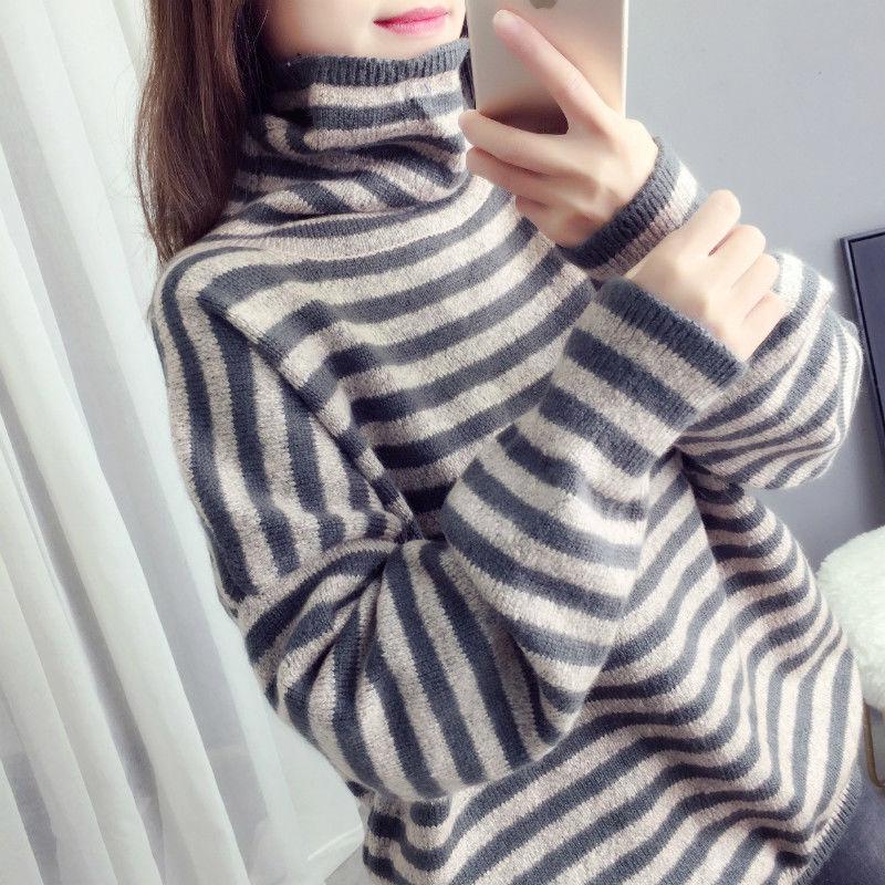 Pullover Lazy Striped Sweater Women Autumn and Winter Korean Knit Bottoming Shirt Loose Turtleneck Thick