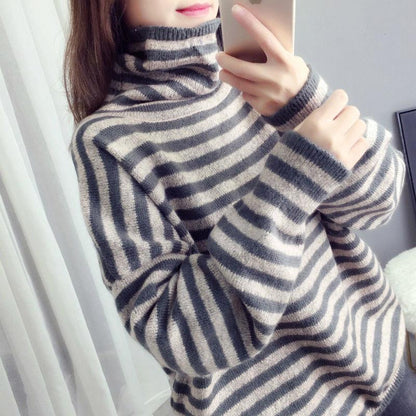 Pullover Lazy Striped Sweater Women Autumn and Winter Korean Knit Bottoming Shirt Loose Turtleneck Thick
