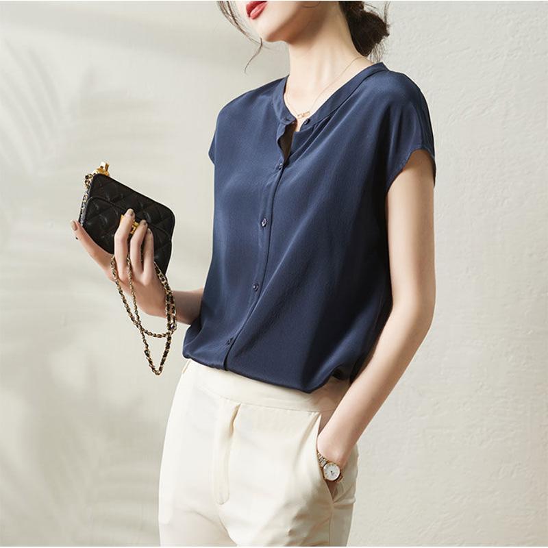 Silk Short-sleeved Shirt Women's Temperament Imitation Mulberry Silk Round Neck Shirt Top