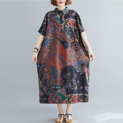 WTEMPO Plus Size Turn-down Collar Women Dress Summer Long Dress Casual Mid-calf Length Pattern Button