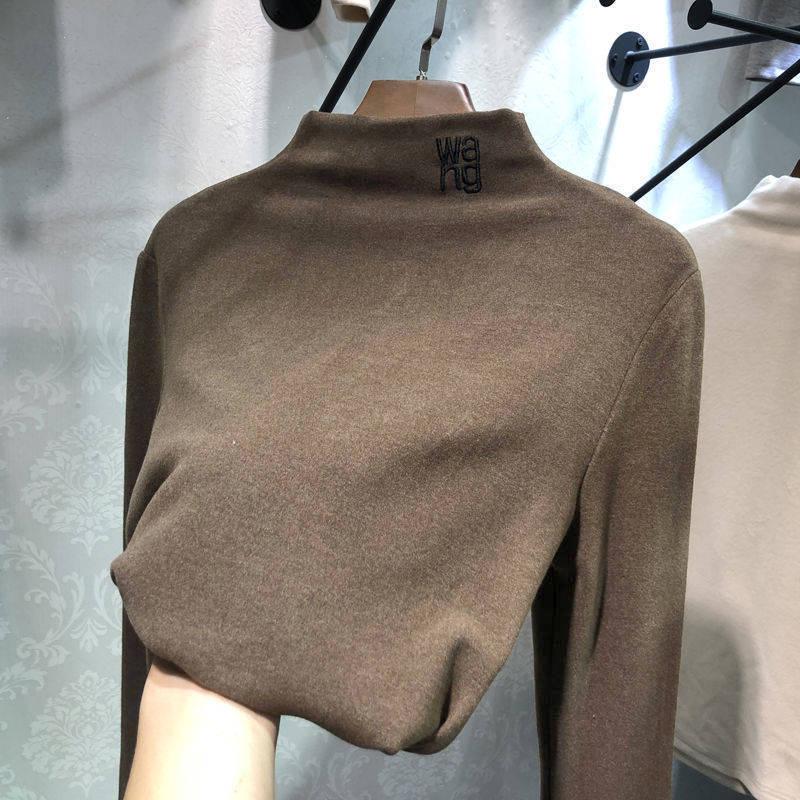 Double-sided Fleece Thick Sanded High-neck Bottoming Shirt Women Autumn Winter Korean Letter Embroidery Pullover Tops