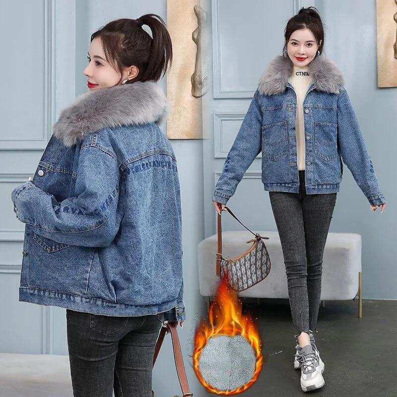 Big Fur Collar Short Padded Jacket Women Plus Velvet Thick Denim Jacket Loose Warm and Comfortable Cotton Coat