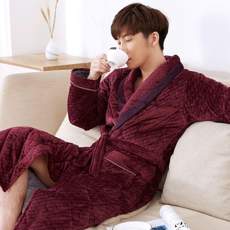 Winter Night Gown Thickened and Long Coral Fleece Quilted Flannel Winter Plus Velvet Bathrobe Pajamas Men