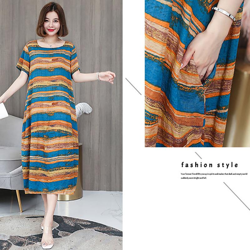 Women's Summer Loose Dress Large Size Young Cover Belly Look Thin Striped Mid-length Skirt Pocket  Loose