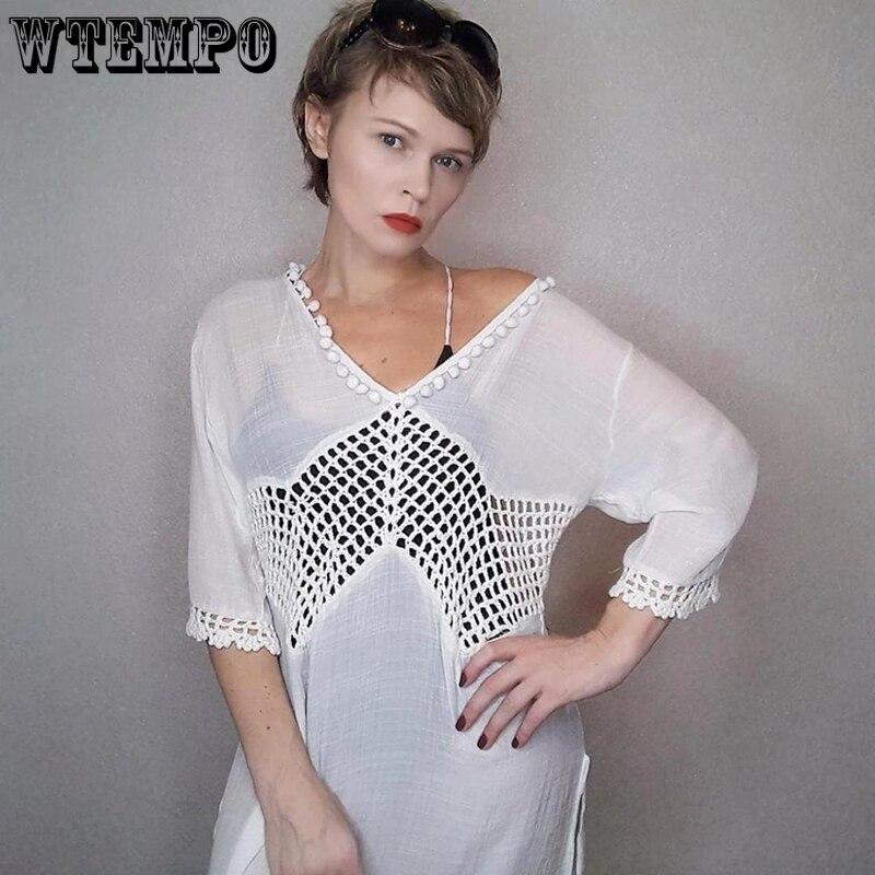 Hollow Out Beach Dresses Women Summer White V Neck Slit Lace Sexy Mini Dress Chiffon Loose Pullover