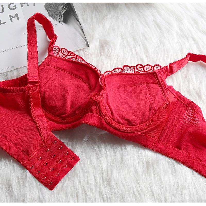 Women's Adjustable Underwear Exquisite Embroidery Sexy Lace Mesh Comfortable Cotton Solid Gathering Thick Padded Cup Bra Female Adjustable Brassiere