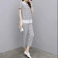 Women's Loose and Thin Casual Plaid Suit Women's Casual Pants Two-piece Suit Round Neck Short Sleeve + Casual Straight-leg Pants Ladies Daily Suit