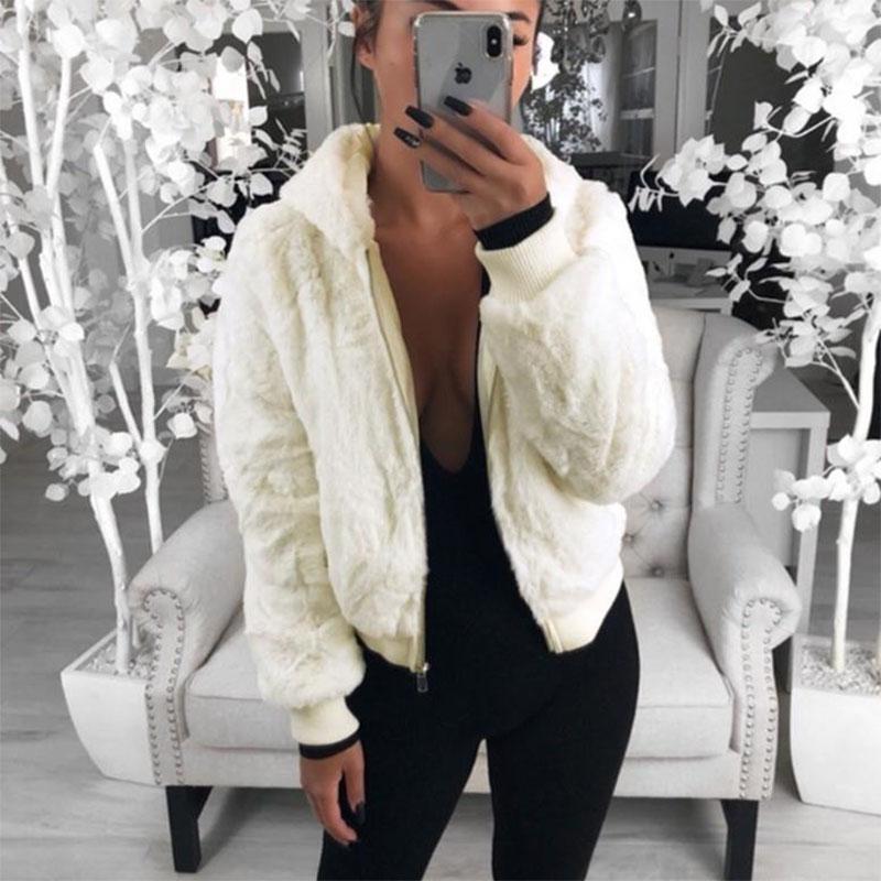 Women's Autumn and Winter Jacket Hooded Bunny Fur Grass Short Coat Female Long Sleeve Solid Color Warm