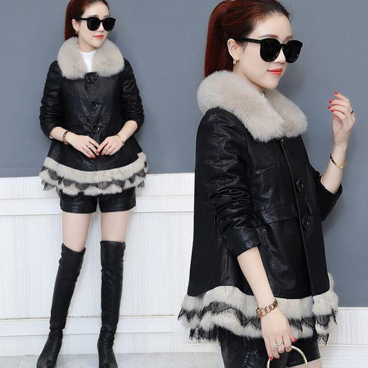 Women's Leather Coat with  Faux Fur Collar Mid-length Autumn and Winter Slim Thickening Artificial Leather Jacket with Lace Female Outerwear