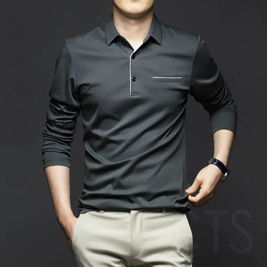 Spring Men's Cotton Polo Shirt Lapel Long Sleeve T-Shirt Men's Long Sleeves Solid Color Business Casual Top High Quality Shitt
