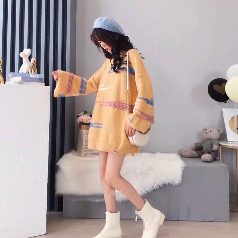 Winter Round Neck Thick Loose Sweater Women Outer Wear Inside Flare Sleeve White Sweater