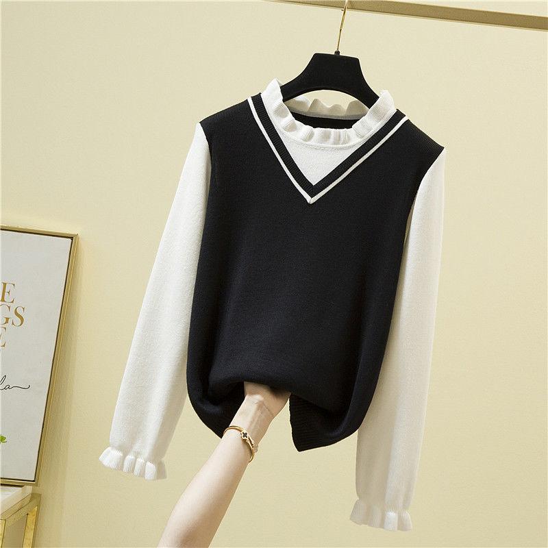 Fall/winter Korean Version of Loose Outer Wear All-match Fake Two-piece Japanese Sweater Sweater Top Women's Bottoming Shirt
