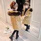 Girls' Thick Warm Cotton-padded Jacket with Large Fur Collar Winter Mid-length Windproof Hooded Jacket