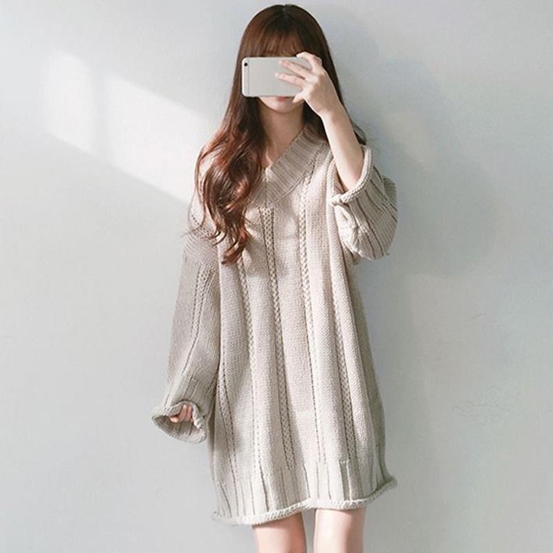 Autumn and Winter Mid-length Fashion Dress Long Sleeve V-neck Casual Sweater