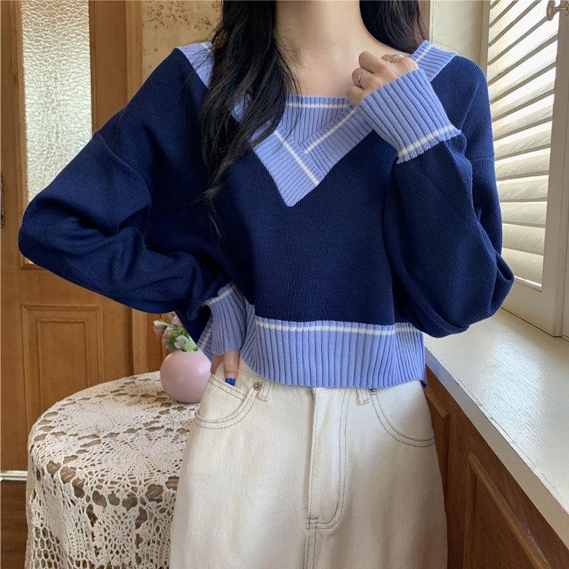 Temperament Short Knit Sweater Women's Spring and Autumn Long-sleeved Sweater Design Niche V-neck Blouse Comfortable Stretch Slim Fit