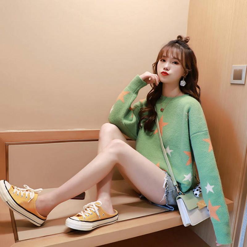 Stars Pattern Knitted Sweater Women's Warm Jacquard Round Neck Loose Pullover Sweater