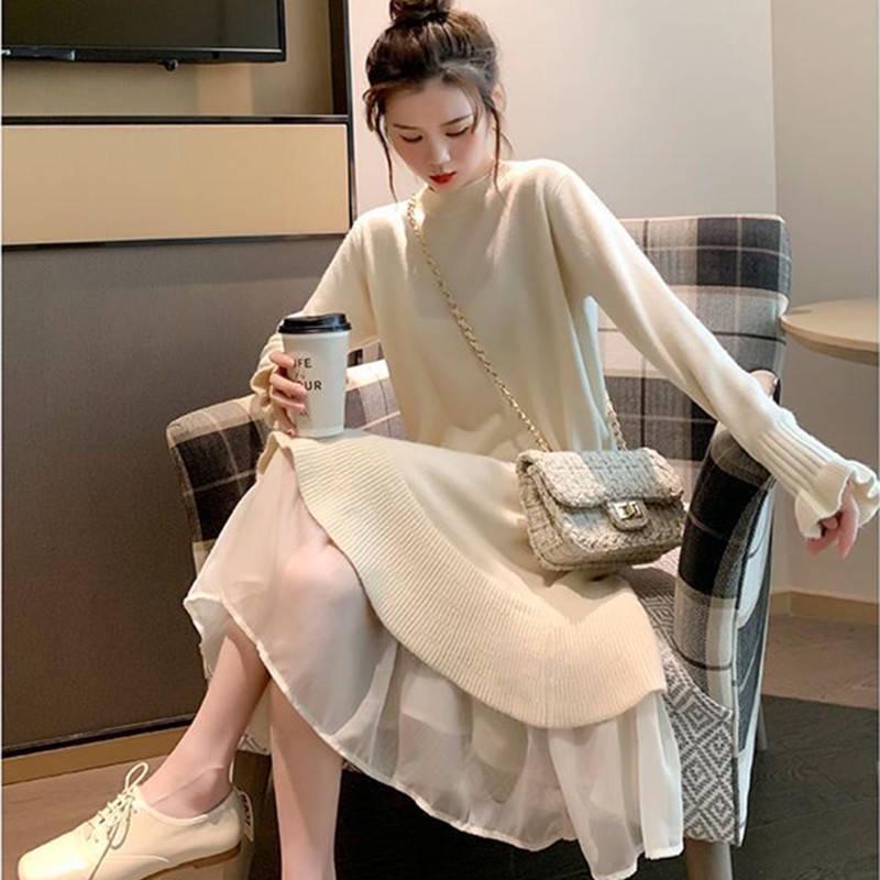 Pofulove 5 Colors Women Charm Sweater Dress Long Section O-neck Chiffon Lace Knitted Skirt Pullover