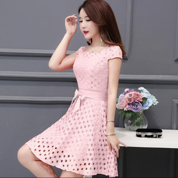 WTEMPO Summer Long Dress Female Short-sleeved Lace Skirt Sexy Waist Was Thin Large Size Skirt