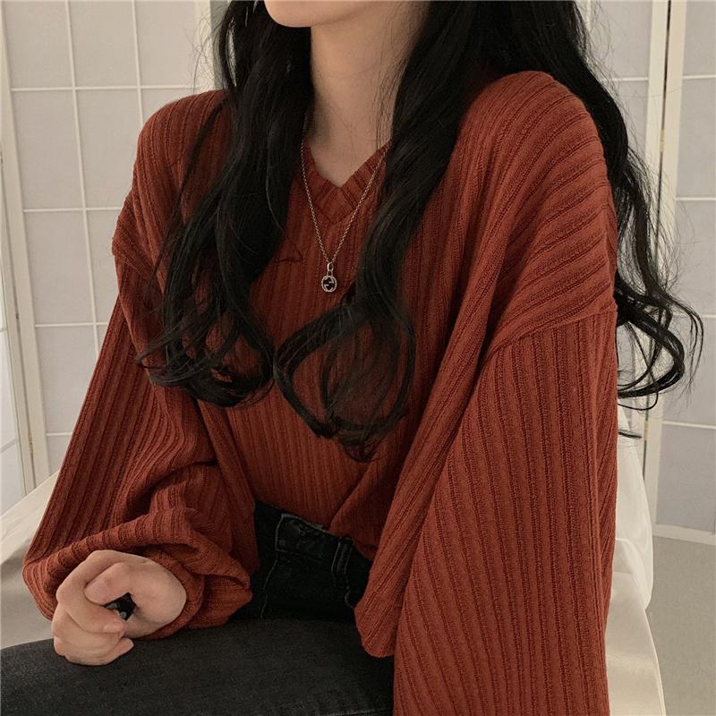Winter Sweaters Women Lantern Sleeve Plus Size Loose V Neck Pullovers Knitted Jumper 2021 Fall New Fashion Black Oversized Harajuku Sweaters