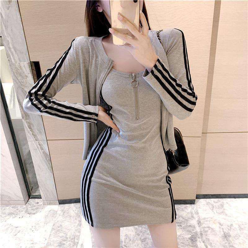 2PCS Women's Autumn Striped Sports Suit Ladies Sexy Waist Hip Skirt + Thin Long Sleeve Jacket Two-piece Skirt Suit Girls Leisure Travel Suit