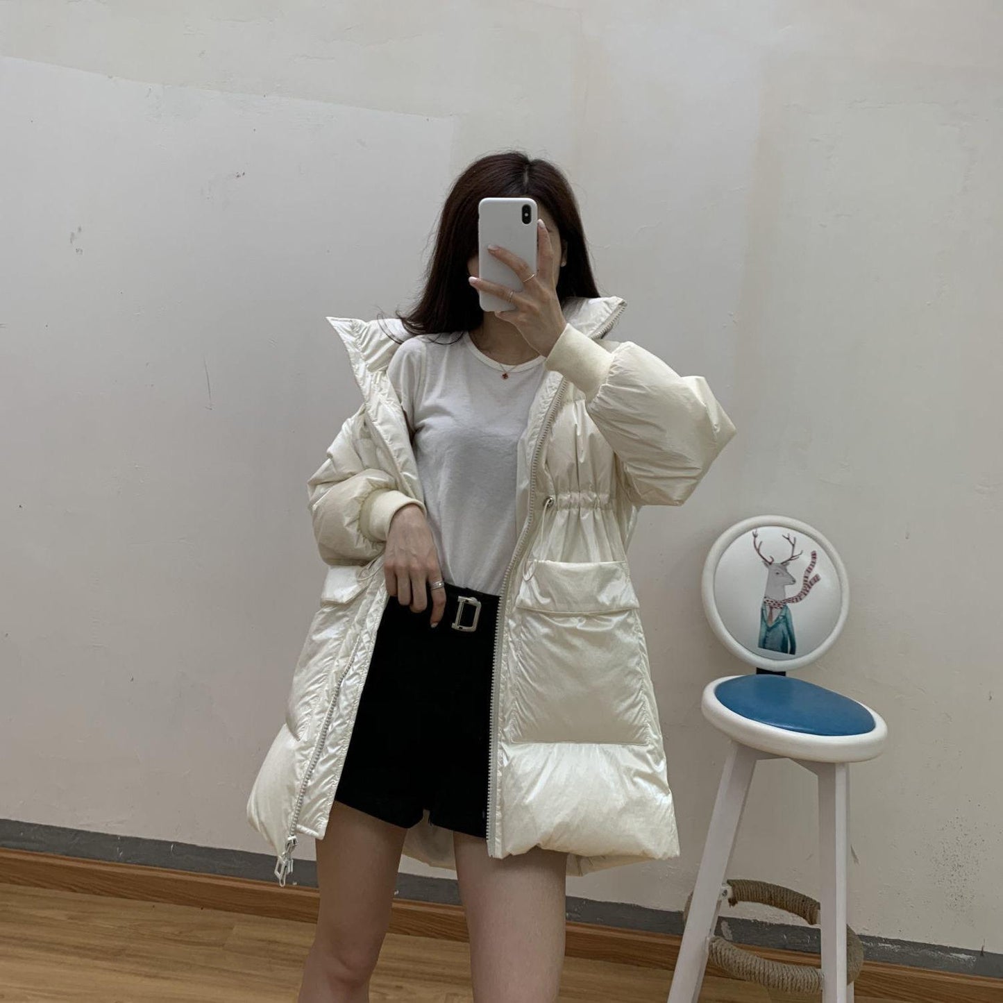 Winter Stand-collar Down Jacket Women's Mid-length White Duck Down Winter New Waist Shiny Thick Coat Winter Warmth Thick Cotton Jacket