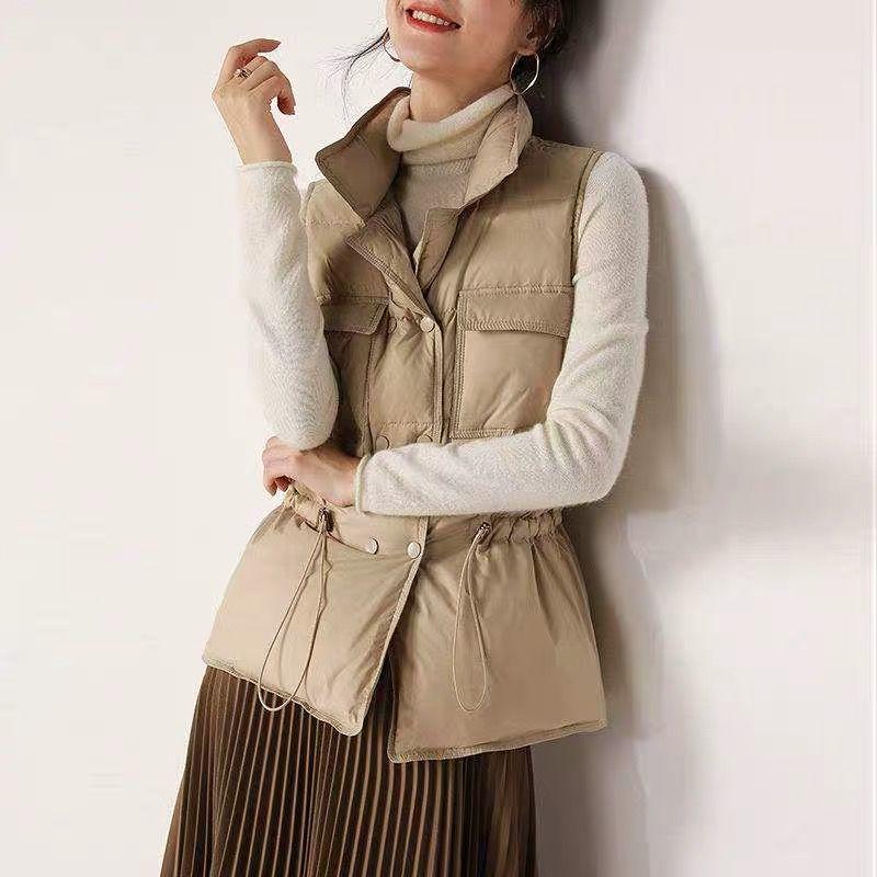 Women's Padded Down Vest Short Waist Stand-up Collar Coat White Duck Down Drawstring Pocket Waistcoat Vest Waistcoat