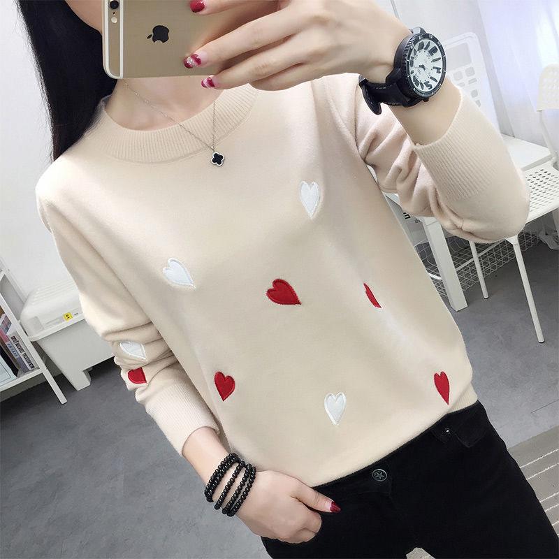 Pofulove Women Knitted Turtleneck Sweater Solid  Embroidered Heart Streetwear Pullovers  Female Tops