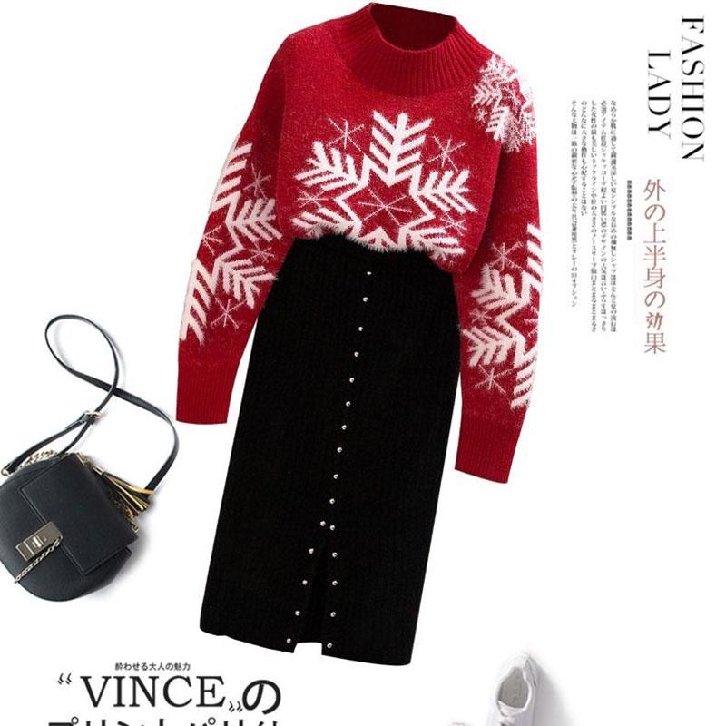 Autumn and Winter Sweater Set Women Snowflake Print Sweater and Mohair Bodycon Skirt Two-piece Set Ladies Christmas Sweater Set