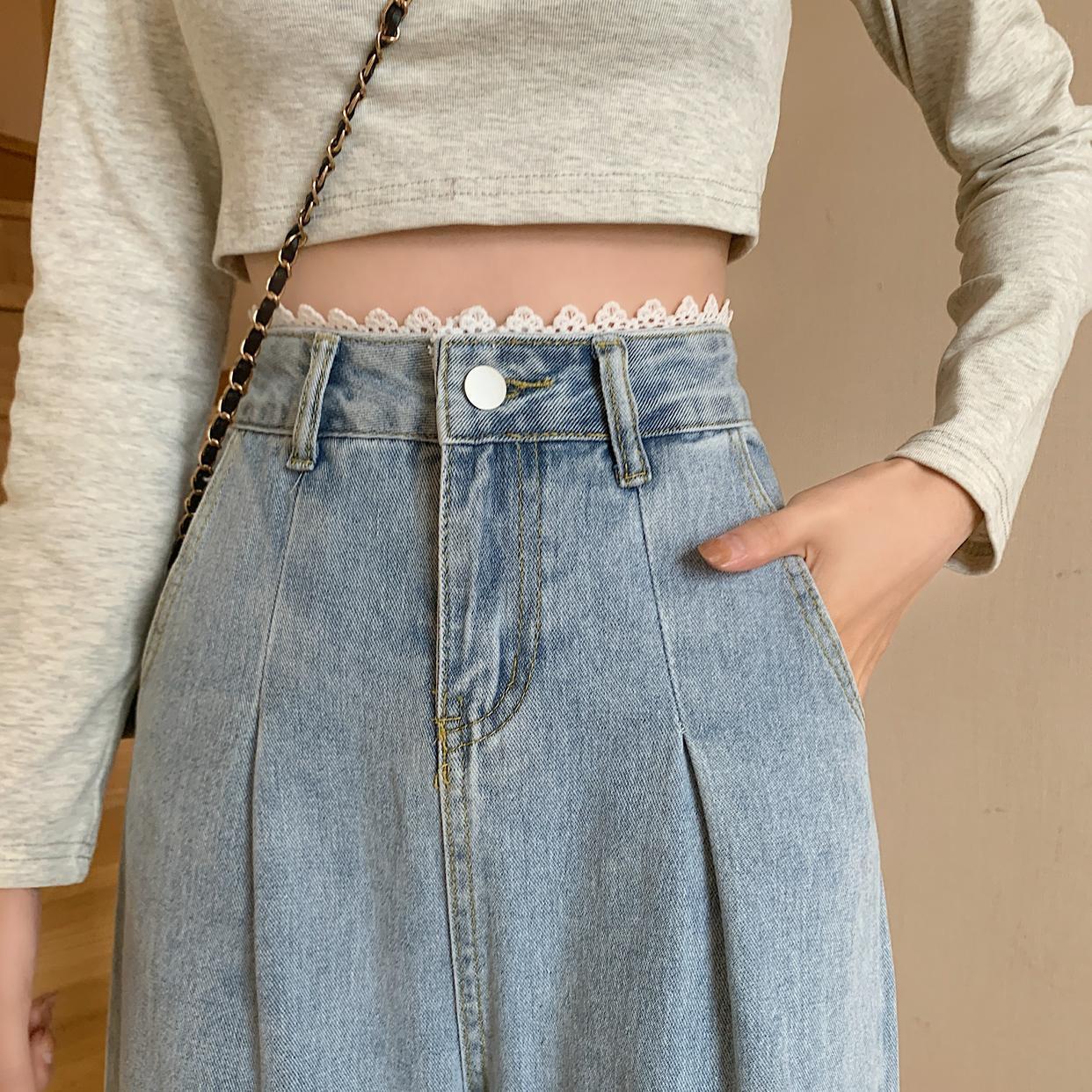 Large Size Lace Edge Jeans Women's High Waist Wide Leg Is Thin Loose Casual All-match Straight Daddy Small Mopping Pants