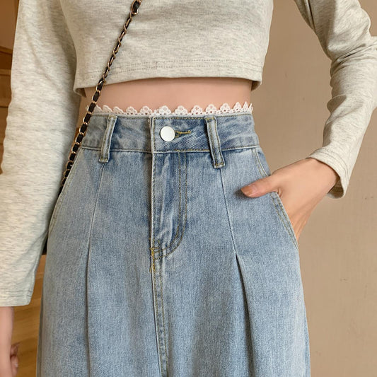 Large Size Lace Edge Jeans Women's High Waist Wide Leg Is Thin Loose Casual All-match Straight Daddy Small Mopping Pants