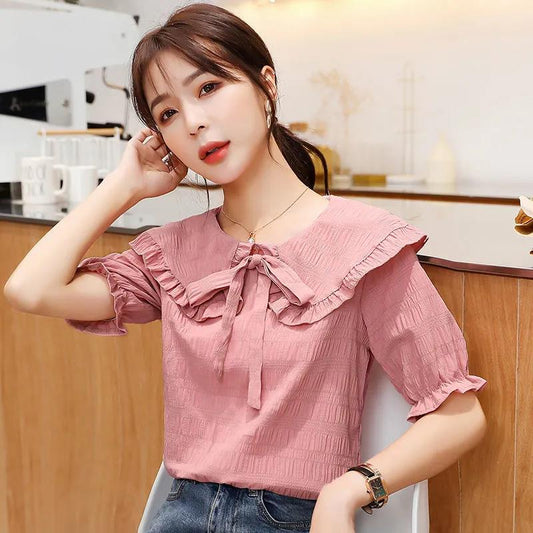 Women's Summer Plus Size Loose All Match Short Sleeve T-shirt Doll Collar Top