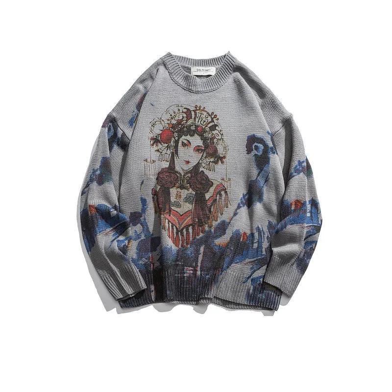Men's Round Neck Sweater Slim-fit Chinese Style Printed and Dyed Pullover Sweater Street Loose Bf Style Casual Knit Sweater Top Suitable for Teenagers
