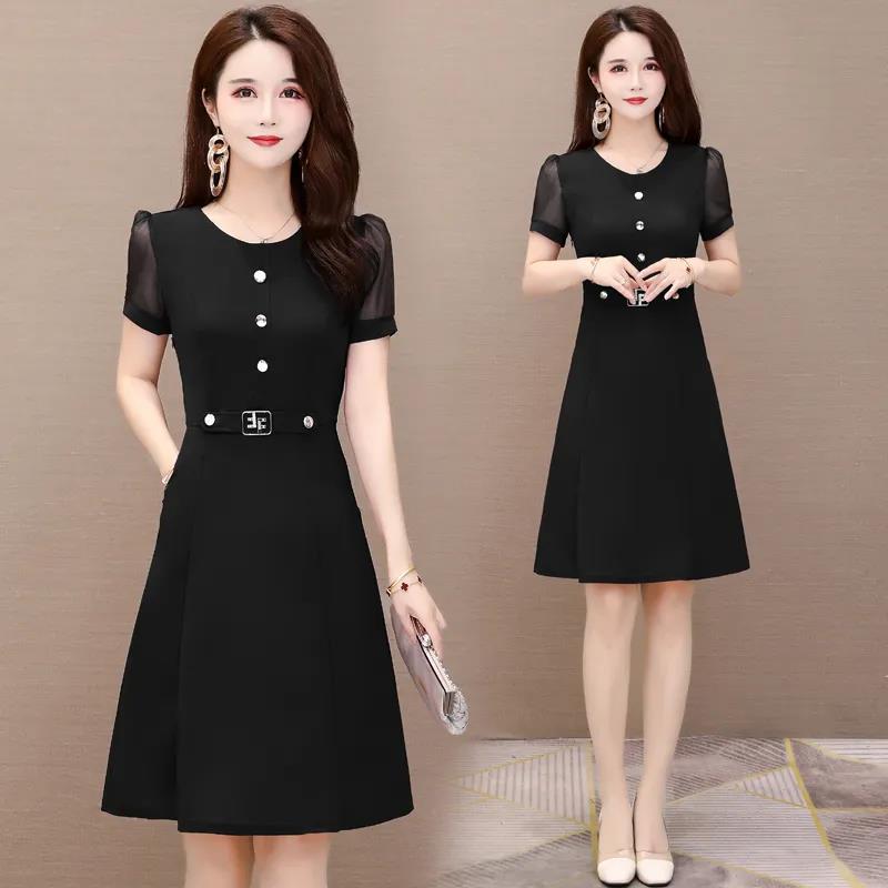 Women's Summer Dress Solid Color Round Neck Chiffon Slim A-line Skirt