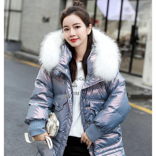 Ladies Winter Glossy Jacket Windproof and Waterproof Parka Hooded Big Fur Collar Coat Split Design Elastic Cuffs Large Size Loose Parka
