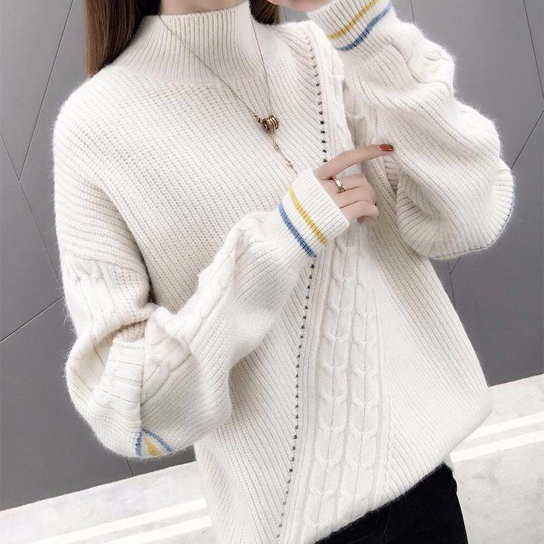 Autumn and Winter Loose Pullover Knit Sweater Line Thickening Half Turtleneck Sweater Large Size Cover Belly Fashion Top