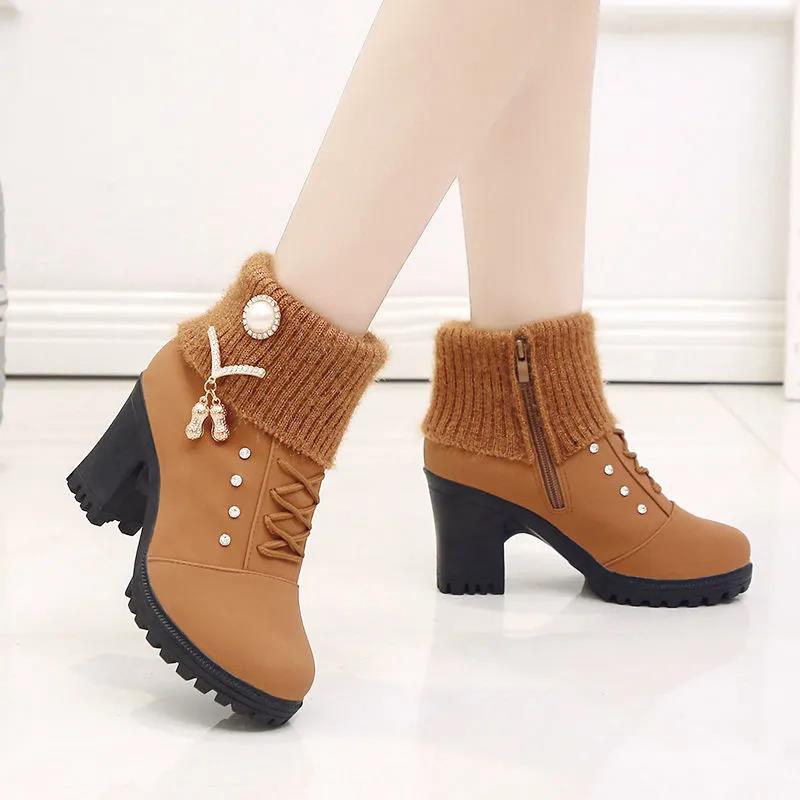 Autumn and Winter Short Mid-high Heel Round Toe Women's Shoes Side Zipper Woolen Cotton Boots